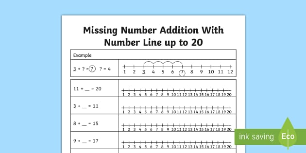 Missing Number Addition with a Number Line up to 20 Worksheet / Worksheet