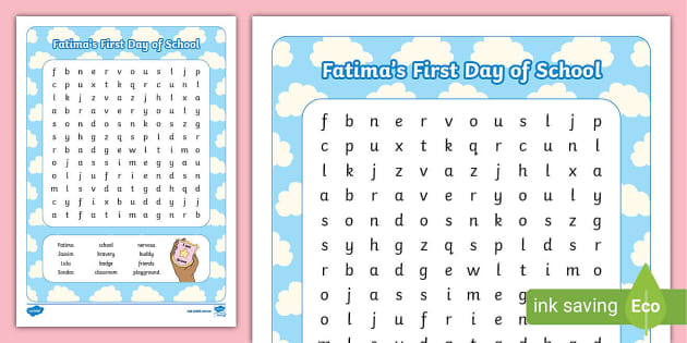 Fatima's First Day of School - Back to School Word Search