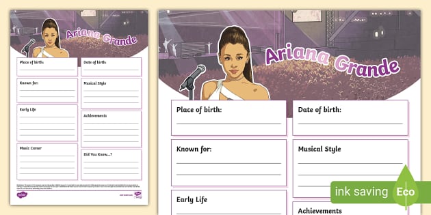 Ariana Grande Fact File Template (teacher made) - Twinkl