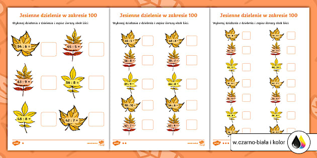 Matzoo Klasa 3 Dzielenie Do 100 Jesienne dzielenie w zakresie 100 | Karta pracy | 3 poziomy