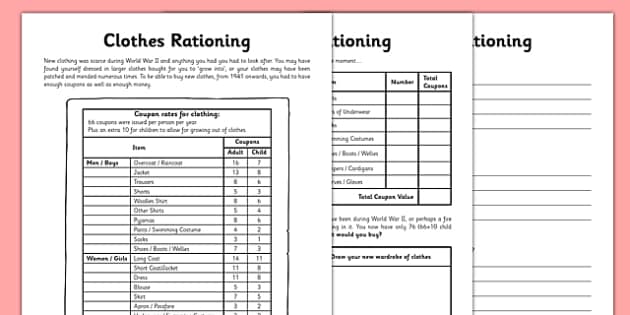 Clothes Rationing Worksheet - Children's Clothing During WW2