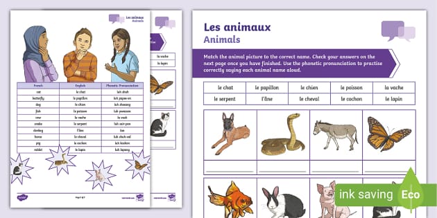 French: Animals Match and Say Activity Sheet (teacher made)
