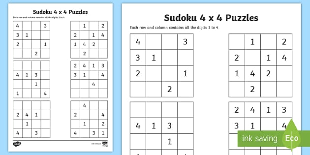 Free Printable 4x4 Sudoku Puzzles