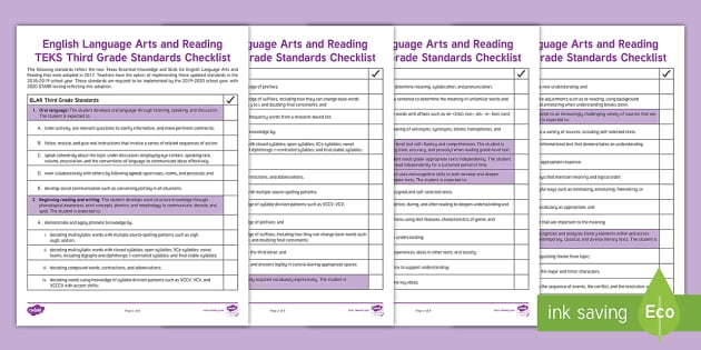 English Language Arts And Reading Teks Third Grade Standards Checklist