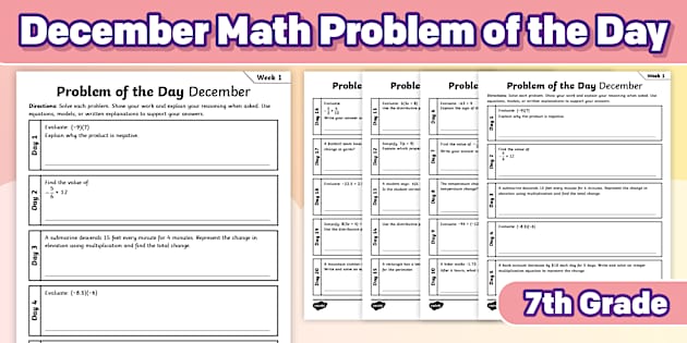 November Math Calender Seventh Grade December Math Problem of the Day Worksheet