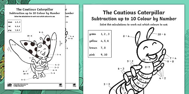 The Cautious Caterpillar Subtraction up to 10 Color by Number