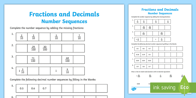 fractions and decimals sequences worksheet worksheet