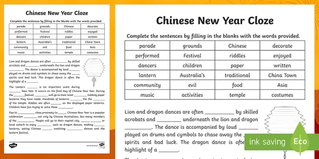 chinese new year english writing cloze worksheet primary
