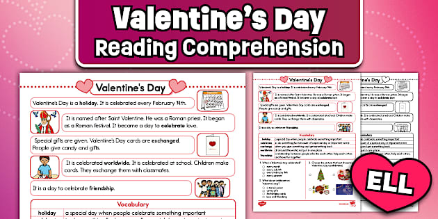 Valentine’s Day Reading Passage Comprehension Worksheet for ELL (1st Grade