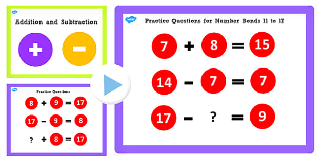 Addition and Subtraction Facts to 17 PowerPoint - add, subtract