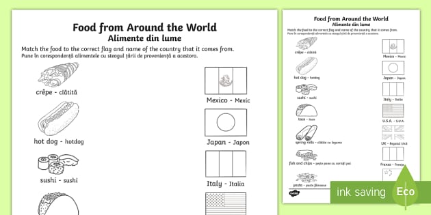 Food From Around The World Matching Worksheet Worksheet English Romanian