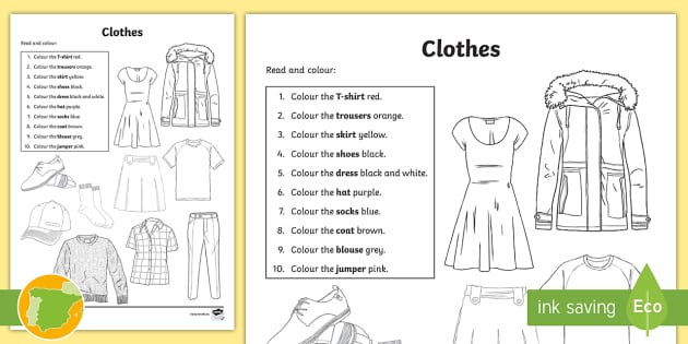 A1 Ficha de actividad: Lee y colorea la ropa - inglés