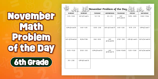 Sixth Grade 2025 Math Problem of the Day November Calendar