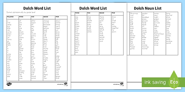 Printable Dolch Sight Word List | Frequency Grade | Reading