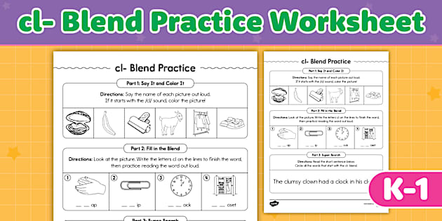 cl- Blend Practice Worksheet for K-1st Grade