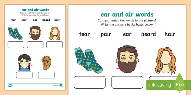 ear' and 'air' Sounds Matching Activity Worksheet - Twinkl