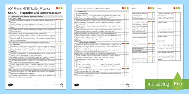 AQA Physics Unit 7 Magnetism and Electromagnetism Student Progress Sheet