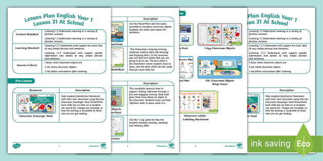 Lesson Plan English Year 1 Lesson 31 At School - Twinkl