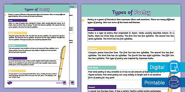 Third Grade Types of Poetry Reading Comprehension Activity