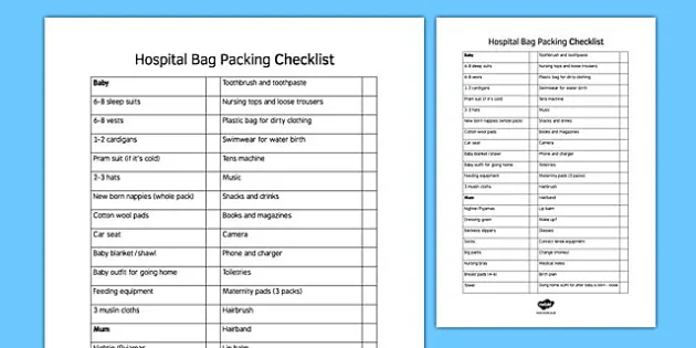 Hospital Bag Checklist Printable Birth Bag Packing List - Etsy