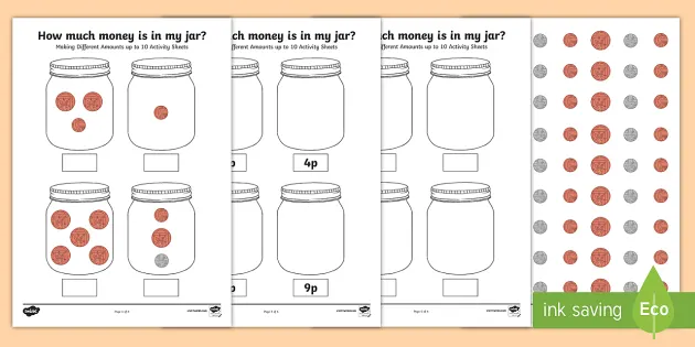 how much money is in my jar making different amounts within 10 worksheets