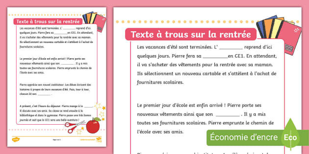 Exercice De Lecture Pour La Rentr e En CE1 Texte Trous