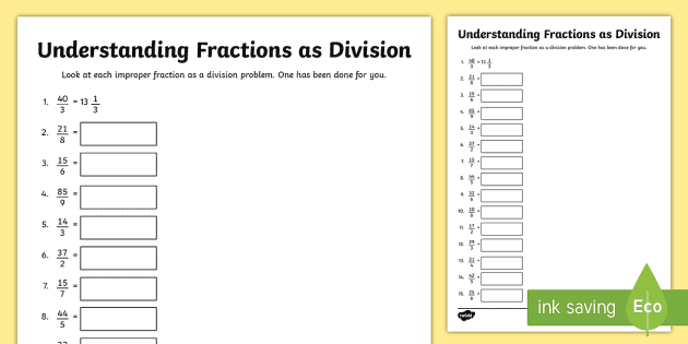 understanding fractions as division worksheet worksheet