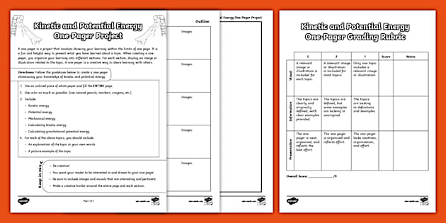 Kinetic & Potential Energy One-Pager Project for 6th-8th Grade