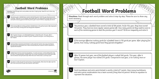 Seventh Grade Football Themed Word Problems (Teacher-Made)