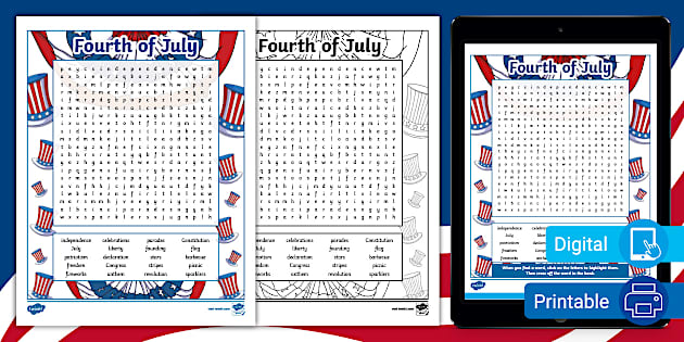 Fourth of July Word Search for 6th-8th Grade - Twinkl