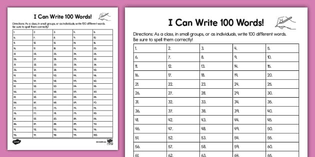 Write 100 Words For The 100th Day Of School Activity