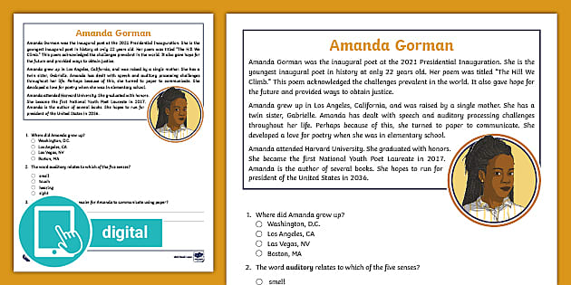 Third Grade Amanda Gorman Reading Comprehension Activity