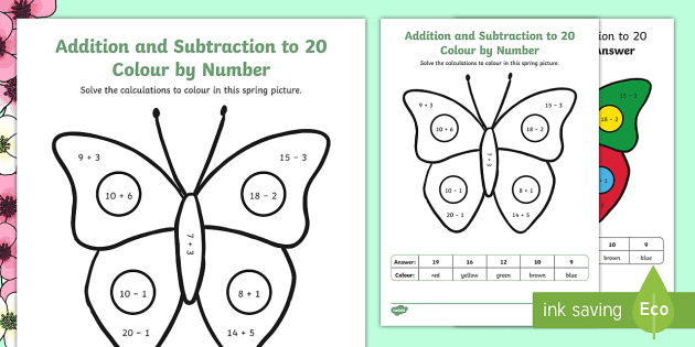 butterfly addition and subtraction to 20 color by calculation worksheet