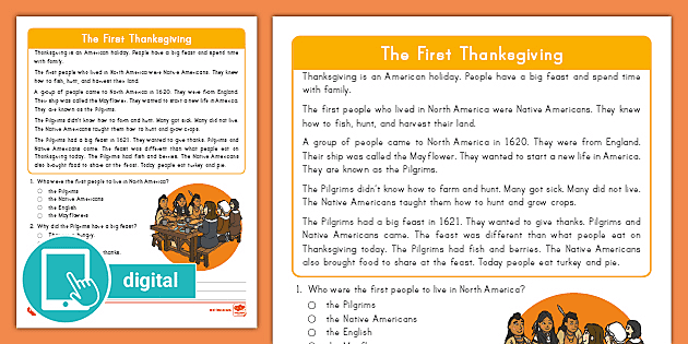 Second Grade The First Thanksgiving Reading Passage Comprehension Activity