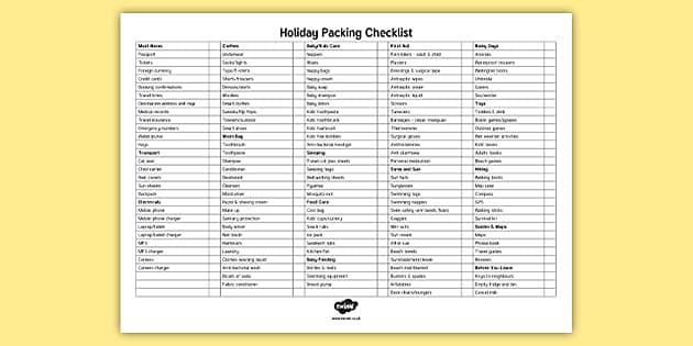 Holiday Packing List Template Primary Learning Resources