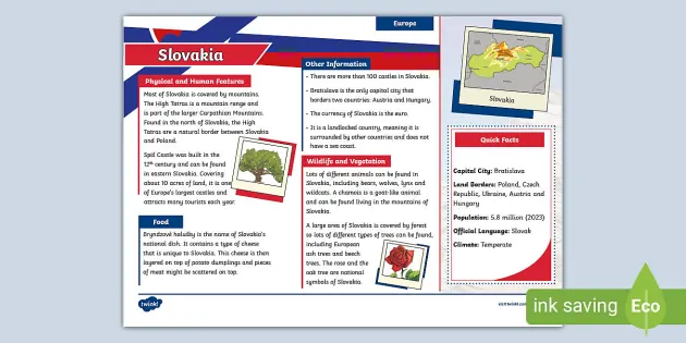 KS2 Slovakia Fact File - Geography - Europe (teacher made)