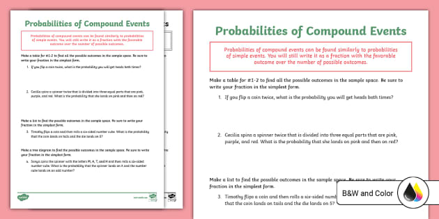 Seventh Grade Probabilities Of Compound Events - Twinkl