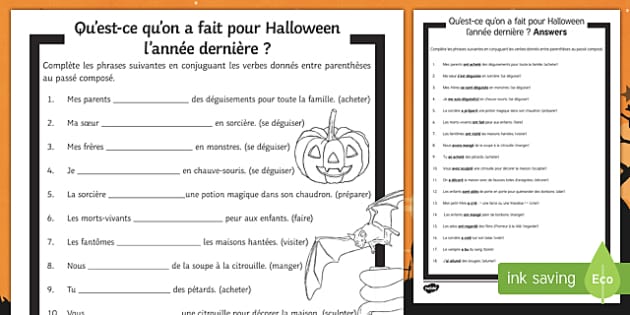 Halloween Perfect Tense Gap Fill Worksheet / Worksheet-French