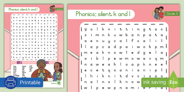 Grade 3 Phonics: Silent K And L Wordsearch (teacher Made)