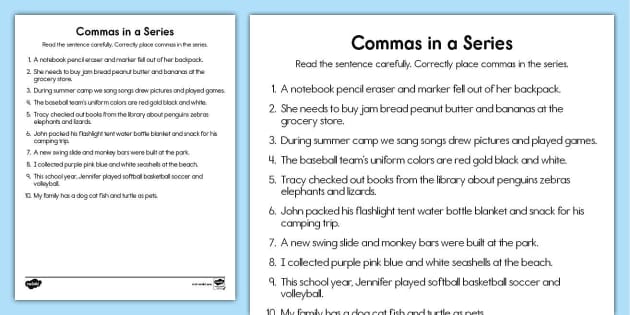 Using Commas To Separate Items In A Series Worksheet