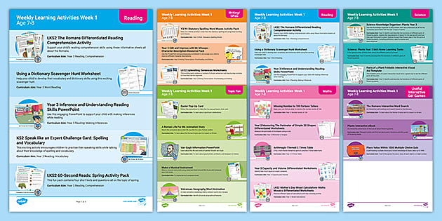 Weekly Learning Activities Pack Week 1 Age 7-8 - Twinkl