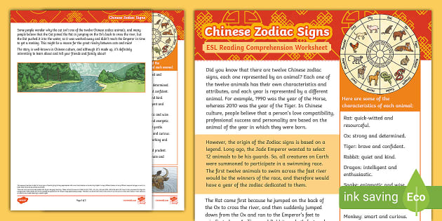 Esl Chinese Zodiac Signs Reading Comprehension Worksheet 