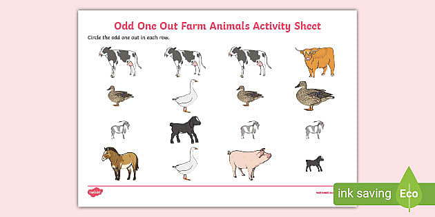 👉 Odd One Out Farm Animals Worksheet (Teacher-Made)