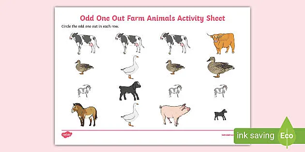 👉 Odd One Out Farm Animals Worksheet (teacher made)
