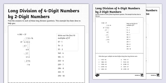 Long Division of 4-Digit Numbers by 2-Digit Numbers - Activity Sheet