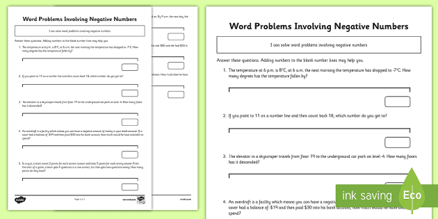 World Problems Using Negative Numbers Activity