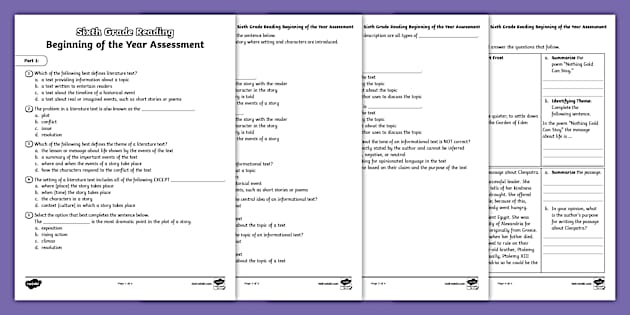 Sixth Grade Beginning of the Year ELA Reading Assessment