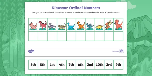 hide a saurus ordinal numbers cut and stick worksheet