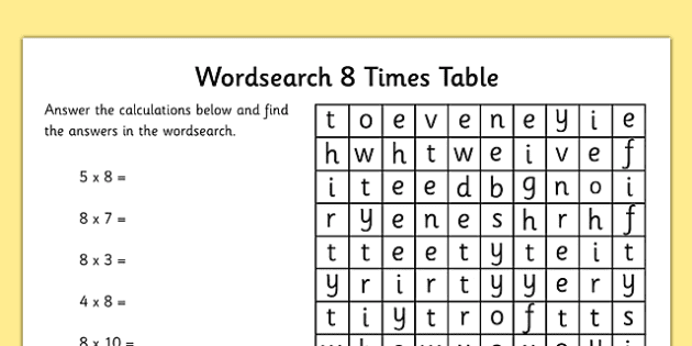 Multiplication 8 Times Tables Word Search Worksheet Ks2