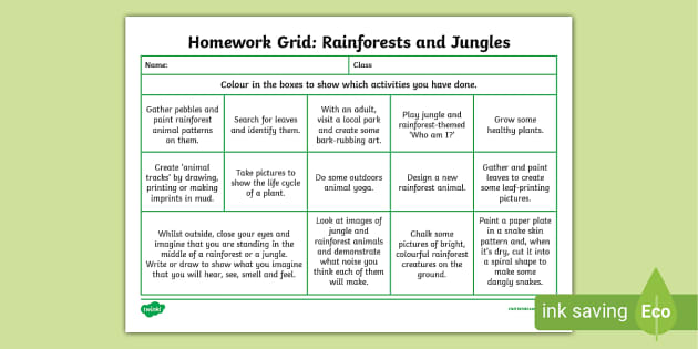 Rainforest and Jungle Themed Homework Grid - Twinkl